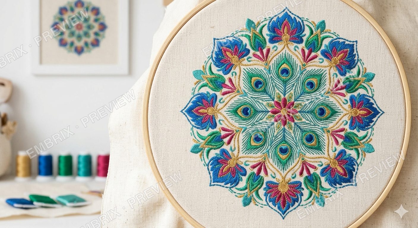 Elegant Floral Peacock Mandala - Multi-Color Embroidery Design